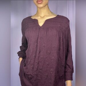 Daniel Rainn Burgundy Tunic Blouse Size L Tonal Embroidery V-neck Cottage Boho